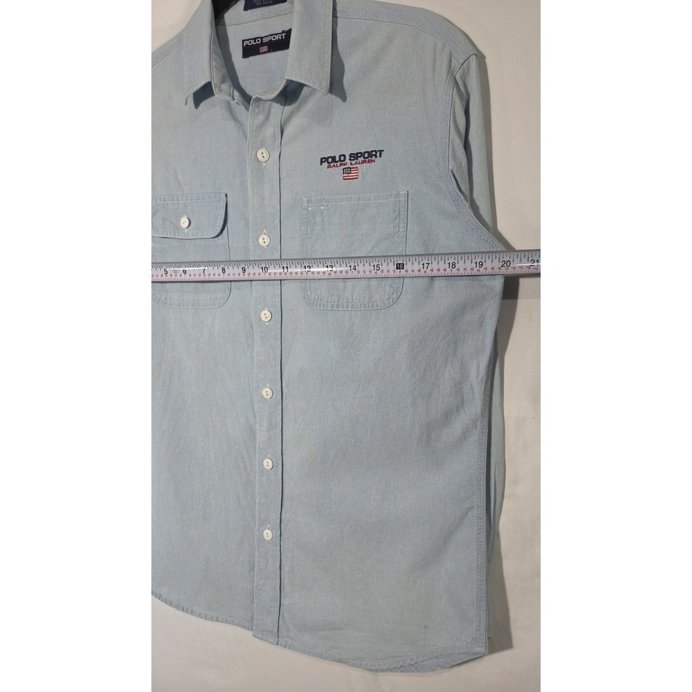 Vintage POLO Sport RALPH LAUREN Shirt Chambray Spell Out USA Flag 90s Blue Large - Picture 8 of 9
